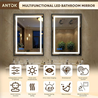 Antok 30X36 LED Bathroom Mirror with Lights, Vanity Mirror for Wall with Black Frame, Touch Control, Anti-Fog, Dimmable Lights, Shatter-Proof, Memory Function, Wall-Mounted Vanity Mirrors