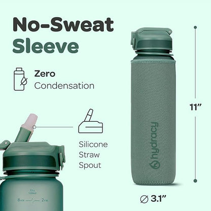 Hydracy Water Bottle with Time Marker -Large BPA Free Water Bottle & No Sweat Sleeve -Leak Proof Gym Bottle with Fruit Infuser Strainer & Times to Drink -Ideal for Fitness Sports & Outdoors