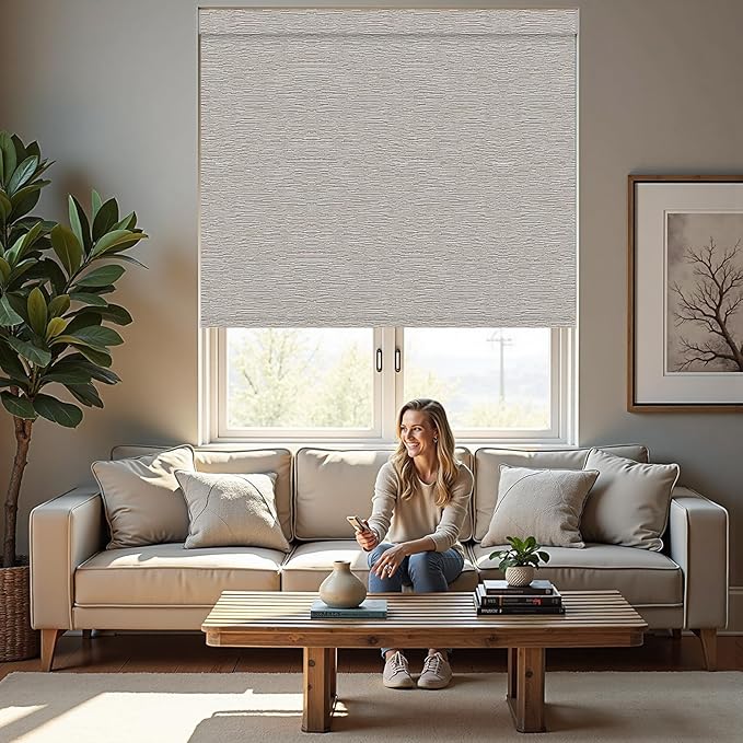 Motorized Roller Blinds with Remote, 100% Blackout Automatic Roller Shades for Bedroom, Bathroom, and Living Room, Customized Size, Pebble Grey Beige