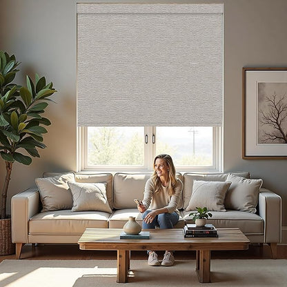 Motorized Roller Blinds with Remote, 100% Blackout Automatic Roller Shades for Bedroom, Bathroom, and Living Room, Customized Size, Pebble Grey Beige
