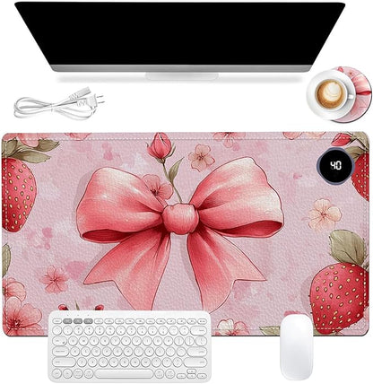 Heated Mouse Pad 23.6 x 14 in 3-Temp Fast Heating Desk Mat with Auto Timer Warmer for Hands Wrist Pain Relief Waterproof Keyboard Mat for Office, Gaming, Home, Pink Bow Floral