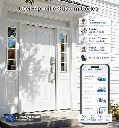 Veise VE017-D Fingerprint Smart Front Door Lock Set, App Control, 8-in-1 Keyless Entry Deadbolt with Lever Handle, Emergency Power Port, Auto Lock, Touchscreen Keypad, Easy Install, Satin Nickel