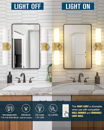 Emak 22 Inch Gold Bathroom Light Fixtures Over Mirror, 2 Light Bathroom Vanity Light with Milk Glass Shade, Modern Wall Sconce Set of Two for Bath, Hallway, VL085-GDL-ML-2-2PK