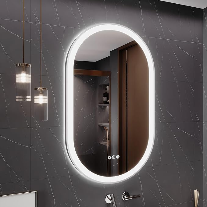 LED Mirror for Bathroom, 24x40 Inch Vanity Mirror with Lights，Anti-Fog Oval Bathroom Mirror, 3 Colors and Stepless Dimmable Wall Mounted Makeup Mirror with Metal Frame (Silver)