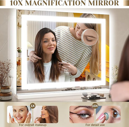 ROLOVE Lighted Vanity Mirror with Lights, LED Makeup Mirror with 3 Color Modes, Touch Dimming, Wall Mountable & Tabletop, Dressing Room Mirror with 10X Magnification, 22x19 Inch, White