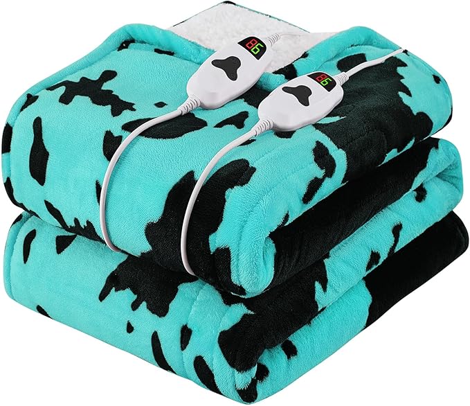 Cow Print Electric Heated Blanket Queen Size,84X90 Green Heating Blanket Queen With Dual Control&Timer&10 Heat Levels,Highland Cow Decor Fleece Sherpa Blankets Warmer Gifts for Bed Women Adults
