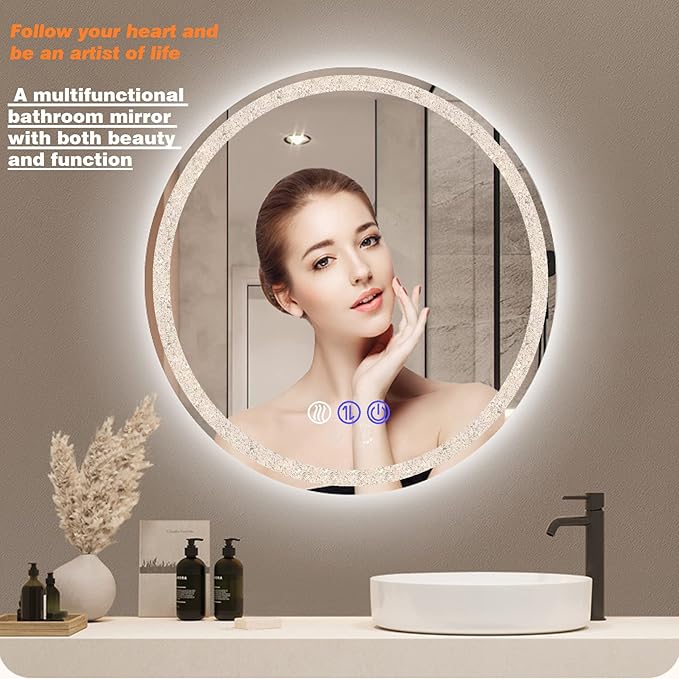 LED Round Crystal Bathroom Mirror - 24 Inch Circle Vanity Mirror with 3 Color Lights