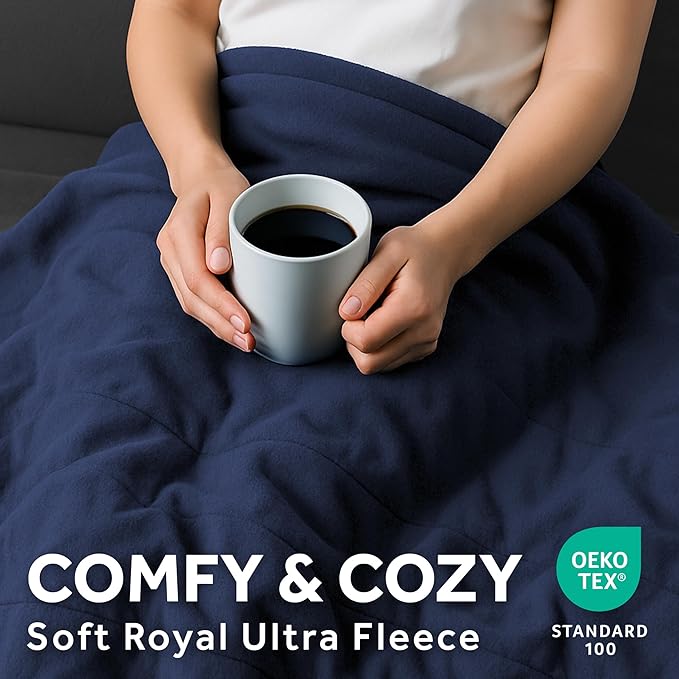 Sunbeam Royal Ultra Fleece Heated Electric Blanket Full Size, 84" x 72", 12 Heat Settings, 12-Hour Selectable Auto Shut-Off, Fast Heating, Machine Washable, Warm and Cozy, Indigo