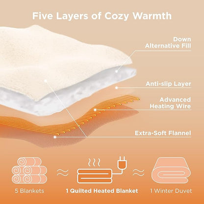 Bedsure Electric Blanket King Size - Quilted Winter Bedding of Thick Flannel, Dual Control Heated Blanket with 10 Heat & 10 Time Settings, Fast Heating for Cold Sleepers (100x90 inches, Ivory)