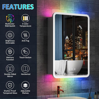 20×32 Inch Lighted Medicine Cabinet with Mirror, LED Medicine Cabinet with RGB Lights, Multicolor Backlit Mirror with Adjustable Front Lighted, Defogger, Memory Function, Surface Mount