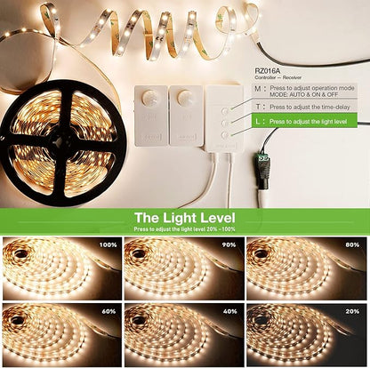 RAYZEEK Wireless Motion Activated LED Strip Lights,19.7FT LED Strip Lights with Power Adapter,RF Wireless Motion Sensor Control Dimmer,Timing,Warm White (1×Controller+2×Motion Sensor)