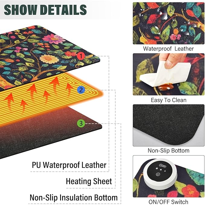 Heated Desk Pad Mouse Pad 31.5x13 Inch PU Leather Desk Mat with 3 Heat Levels Large Mouse Gaming Computer Laptop Mat Tree of Life Floral Leaves Black