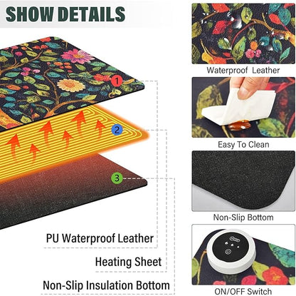 Heated Desk Pad Mouse Pad 31.5x13 Inch PU Leather Desk Mat with 3 Heat Levels Large Mouse Gaming Computer Laptop Mat Tree of Life Floral Leaves Black