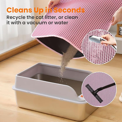 Small Cat Litter Mat, 20x14’’ Double Layer Honeycomb Cat Litter Box Mat, Non Slip Waterproof Urine Proof Litter Trapping Mat for Floor, Kitty Litter Pad, Indoor Pet Supplies, Pink