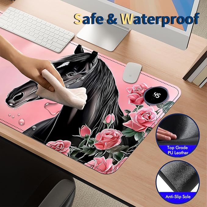 Heated Mouse Pad with 3 Temperature Settings(104°F–122°F),Large 31.5x13 Inch PU Leather Heated Desk Mat,Waterproof Warming Pad for Office,Gaming & Cold Hands Relief,Pink Rose Black Horse