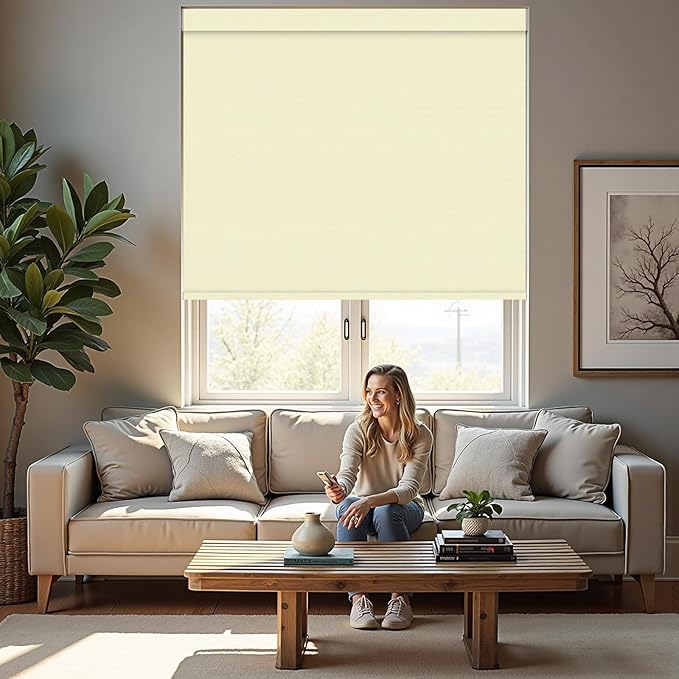 Motorized Roller Blinds with Remote, 100% Blackout Automatic Roller Shades for Bedroom, Bathroom, and Living Room, Customized Size, Creamy White