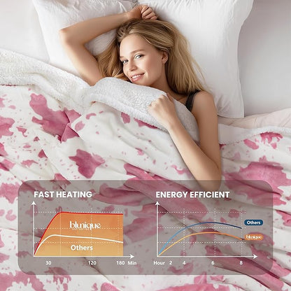 Cow Print Electric Heated Blanket Queen-Heating Blanket Queen Size with 10 Heat Levels & 10 Hours Auto-Off, Cozy Soft Fleece Sherpa, Washable, 84x90 Inches Cow Print Pink