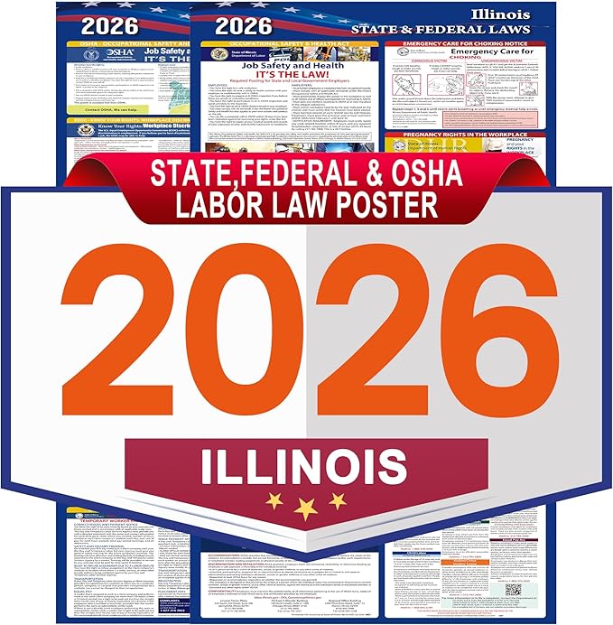 Illinois Labor Law Poster Set 2026 - State, Federal and OSHA Compliant Laminated Post - All in One Required Compliance Posting 17" x 40" English Version 2PCS - Ideal for Posting in The Workplace