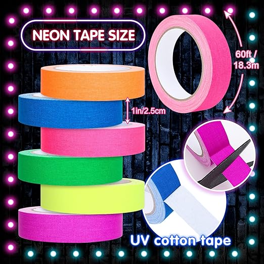Whaline 6 Colors Neon Gaffer Cloth Tape Fluorescent Rainbow Color UV Blacklight Glow in The Dark Tapes Neon Duct Reflective Tapes for Party Supplies (1 Inch x 60 Ft)