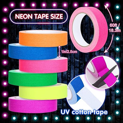Whaline 6 Colors Neon Gaffer Cloth Tape Fluorescent Rainbow Color UV Blacklight Glow in The Dark Tapes Neon Duct Reflective Tapes for Party Supplies (1 Inch x 60 Ft)
