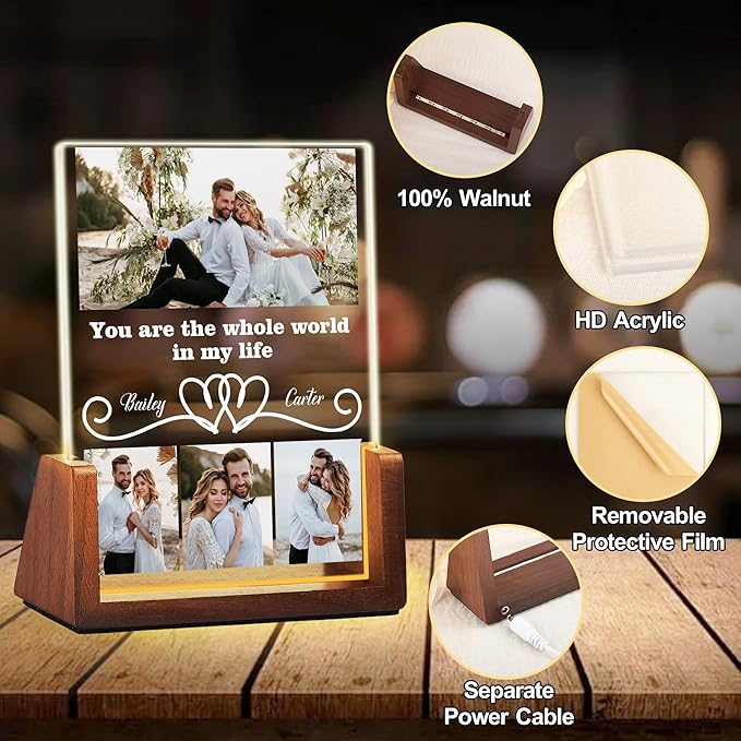 Personalized Couple Birthday Gifts For Girlfriend Boyfriend Him Her, Custom Acrylic Plaque Light Up Picture Frame With Photo Name, Customized Anniversary Christmas Gifts For Women Men Husband Wife