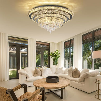 30 inch Crystal Black Ceiling-Light Flush Mount with Remote Control and APP, 3CCT Dimmable & Brightness Adjustable, Modern Crystal Raindrop Chandeliers for Bedroom Hallway Dinning Room Living Room