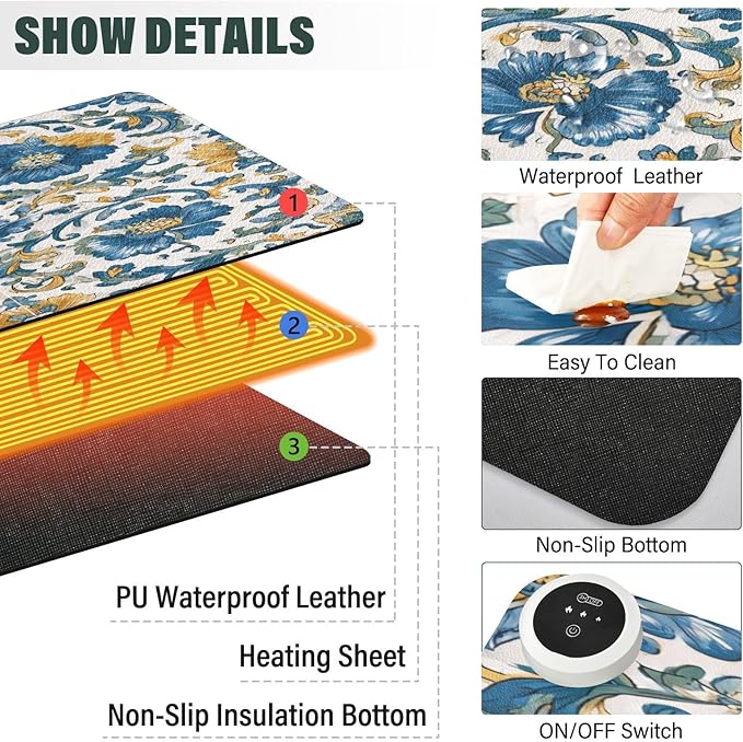 Heated Desk Pad Mouse Pad 31.5x13 Inch PU Leather Desk Mat with 3 Heat Levels Large Mouse Gaming Computer Laptop Mat Floral Blue and Yellow Tile