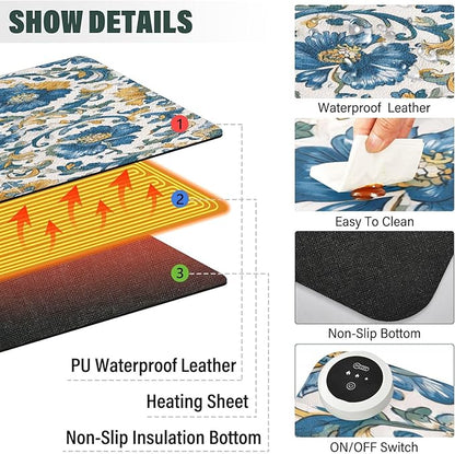 Heated Desk Pad Mouse Pad 31.5x13 Inch PU Leather Desk Mat with 3 Heat Levels Large Mouse Gaming Computer Laptop Mat Floral Blue and Yellow Tile