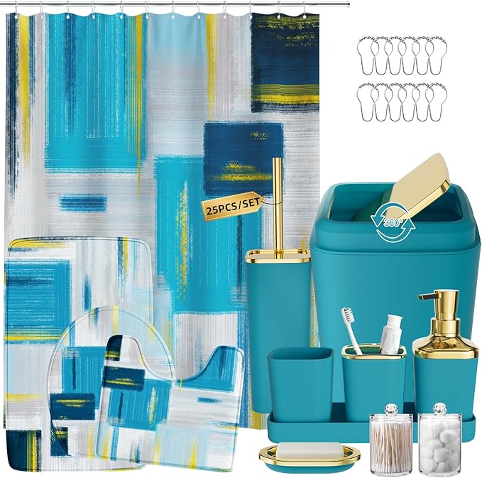 Bathroom Accessories Set - 25PC Bathroom Set with Shower Curtain and Rugs, Teal Blue Bathroom Set, Bathroom Accessory Set with Press-on Lid Trash Can, Soap Dispenser and Qtip Holders