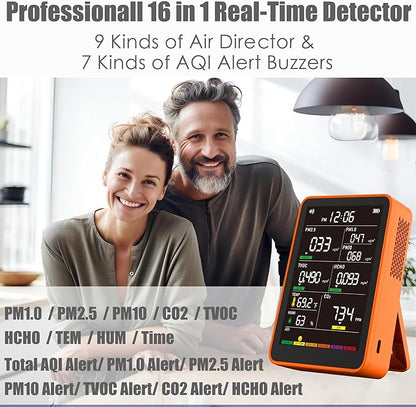 Professional Indoor Air Quality Monitor with AQI Alarms, Portable Real-Time Detector for Home Cars Plants and Pets (Bright Orange)