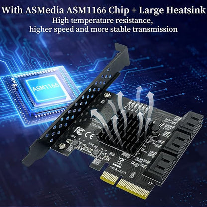 PCIe SATA Expansion Card 6 Ports 4X with ASM1166 Chip - 6Gbps, Gen 3 Controller Adapter, Non-Raid, with 6 SATA Cables & Low - Profile Bracket, Plug and Play for Windows XP/7/8/10, Linux, MAC OS