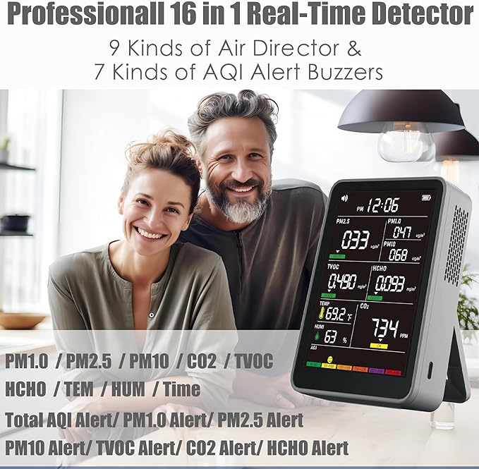 Professional Indoor Air Quality Monitor with AQI Beep Alarms, Portable Real-Time Detector for Home Cars Plants and Pets (Gray)