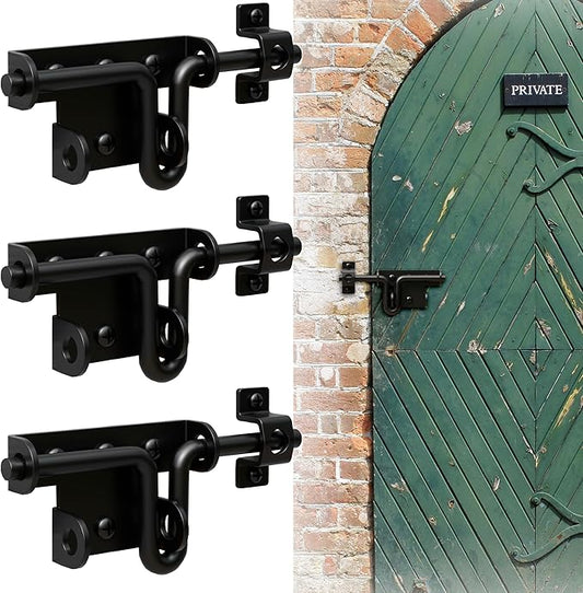 Heavy Duty Slide Bolt Gate Latch for Wooden Fence, 2 Way Barn Door Latch with Padlock Hole, Offset and Flush Mounted Gate Latch for Outdoor Gates/Yard Fence/Shed Door, Black, 3 Pack