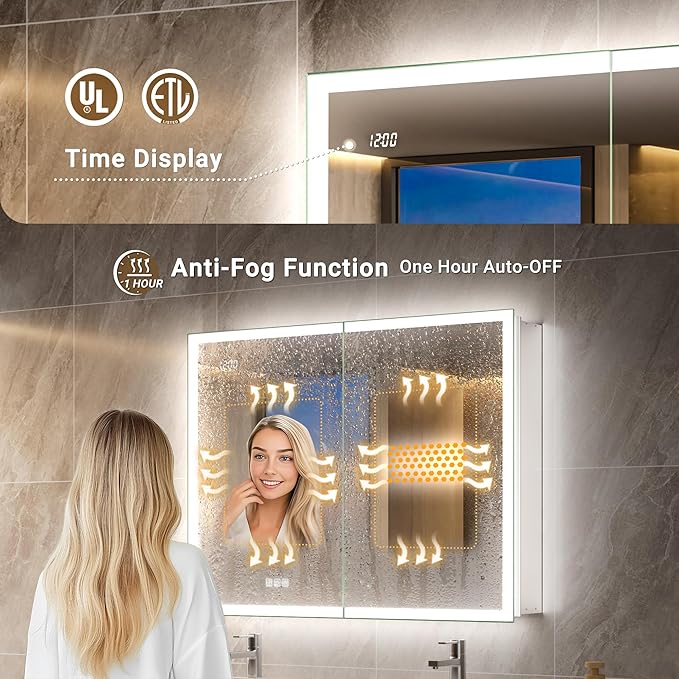 40x30 LED Medicine Cabinet Mirror with Double Lights-Front & Backlit, 155°Soft-close Hinge, Surface or Recessed Dimmable Lighted Medicine Cabinet Mirror with Clock Outlet Inner Light,Anti-fog