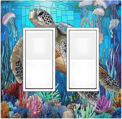 Decorative Outlet Covers Nautical Sea Turtle Coral Jellyfish 2 Gang Double Gfci Rocker Electrical Wall Panels Light Switch Cover Plate For Kids Room Nursery Decor