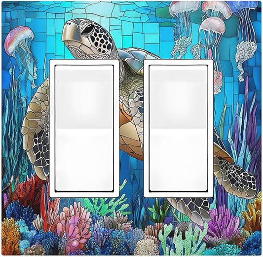 Decorative Outlet Covers Nautical Sea Turtle Coral Jellyfish 2 Gang Double Gfci Rocker Electrical Wall Panels Light Switch Cover Plate For Kids Room Nursery Decor