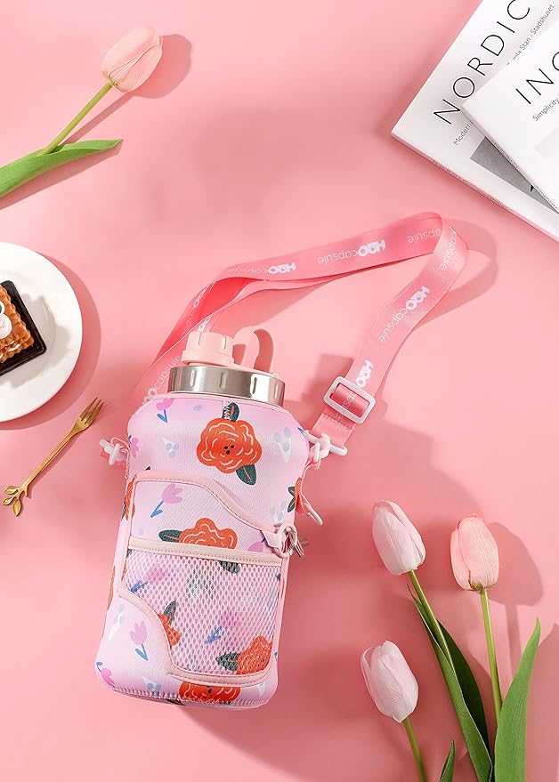 H2O Capsule 2.2L Half Gallon Wide Mouth Water Bottle with Storage Sleeve and Removable Straw - Hydration Tracker Jug with Measurements Marked – Shatterproof BPA-Free, (Poppy Love)