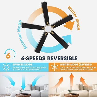 WINGBO 60" Smart Ceiling Fan with Lights and 3 Downrods, 5 Plywood Blades, 6 Speeds Reversible DC Motor, Works with Alexa and Google Assistant, 3CCT Dimmable LED Large Ceiling Fans, Brass and Black