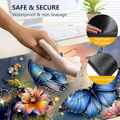 Heated Mouse Pad with 3 Levels Heated & 3 Hours Auto Shut-Off Mouse Pad for Warming Hands in Office Home, 31.5" x 13"Large Safe Desk Mat Hand Warmer，Blue Butterfly