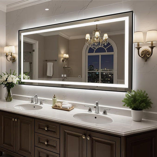 72X36 Inch LED Bathroom Mirror with Lights, Black Frame Frontlit+ Backlit Bathroom Vanity Mirror for Wall, Ultra-Clear Tempered Glass, Shatter-Proof, Anti-Fog and Memory Function, ETL Listed