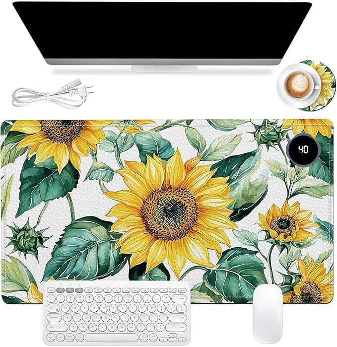 Heated Mouse Pad, Warm Desk Pad, Keyboard Mat 23.6 x 14 Inch Large Size Intelligent Fast Heating, 3 Speed Adjustable, Timed Auto Power Off for Game Office Home, Blooming Sunflowers