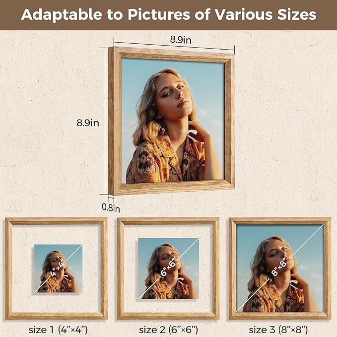 Axeman 8x8 Floating Picture Frame - Solid Oak Wood Square Picture Frame, Double Tempered Glass Photo Frame 3x3 4x4 5x5 6x6 8''x8'' Wood Frame, Wall Mount Or Tabletop Standing, Natural