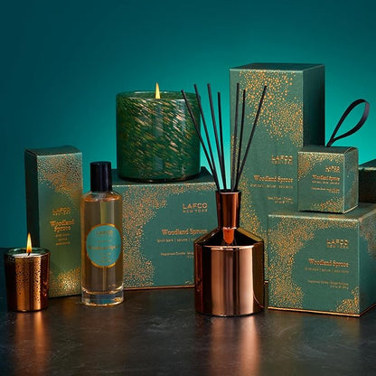LAFCO New York Holiday Reed Diffuser, Woodland Spruce - 6 oz - Up to 3 Months Fragrance Life - Reusable Glass Vessel - Natural Wood Reeds - Made in The USA