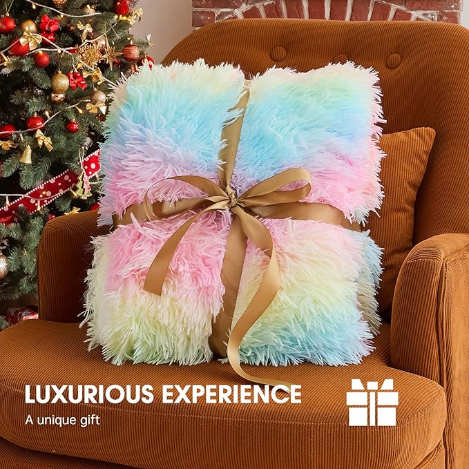Heated Electric Blanket Twin,Warm Winter Birthday Gifts for Women Her Grandma–Faux Fur with Soft Sherpa,10 Heat Settings,5 Time Settings with Fast Heating, 62x84, Rainbow