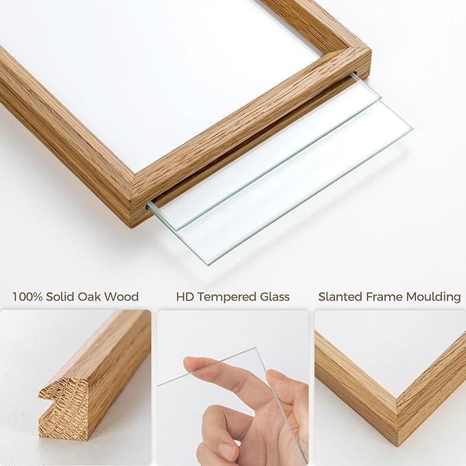 Axeman 5x7 Floating Picture Frame - Solid Oak Wood Picture Frame, Double Tempered Glass Photo Frame 2x3 4x6 5''x7''Wood Frame, Wall Mount Or Tabletop Standing, Natural