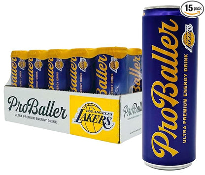 ProBaller Ultra Premium Energy Drink - Natural Clean NSF Certified Sport Drink with Amino Acids, Taurine, Biotin, Organic Agave, Vitamin B 12 Methylcobalamin, & Electrolytes - 15 Pack - Lakers Edition