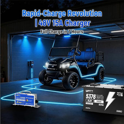 WattCycle 48V 105Ah Golf Cart Batteries 3 Pack, 48V Lithium Battery 250A BMS with 15A Charger, LiFePO4 Battery 15000+ Deep Cycles, IP65 Waterproof Marine Batteries, Built-in Bluetooth, Perfect for RV