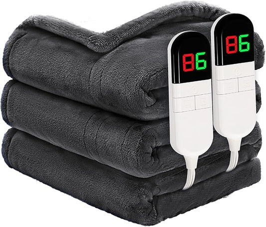 Heated Blanket Queen 84"×90" - Premium Cosy Soft Electric Blanket with 6 Heating Levels,Dual Control Fast Heating Flannel Sherpa Blanket for Bed & Couch,Auto Shut Off/Machine Washable (Grey)