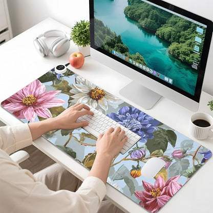 Heated Desk Pad Mouse Pad 31.5x13 Inch PU Leather Desk Mat with 3 Heat Levels Large Mouse Gaming Computer Laptop Mat Blue Daisies Dahlias Bluebells
