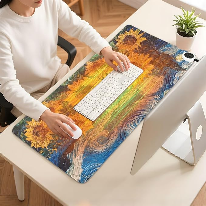 Heated Desk Pad Mouse Pad 31.5x13 Inch PU Leather Desk Mat with 3 Heat Levels Large Mouse Gaming Computer Laptop Mat Starry Night Blue Sunflowers